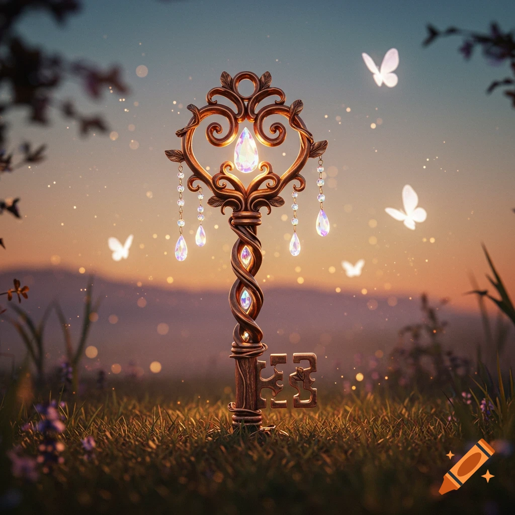 An ornate golden fantasy key with glowing gems stands in a grassy field at sunset with butterflies and sparkling light.