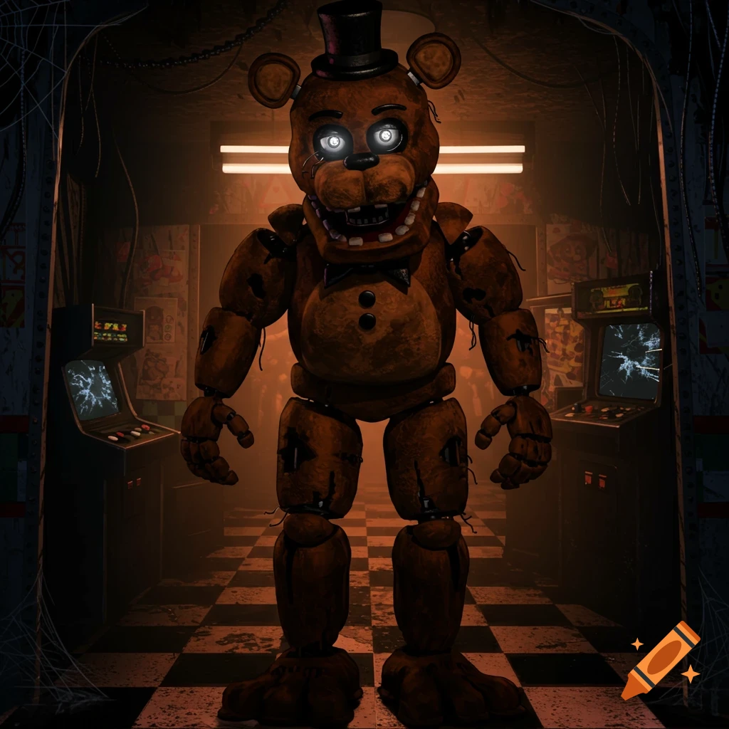 A brown animatronic bear with a top hat and glowing eyes stands in a dark, abandoned arcade room.