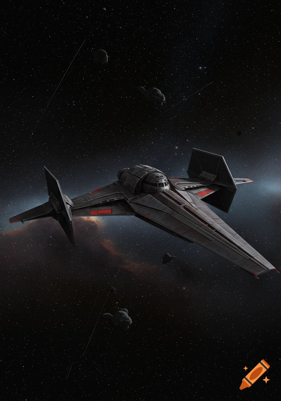 A sleek, dark gray and red spaceship with angular wings flies through a star-filled galaxy with asteroids and distant nebulas.