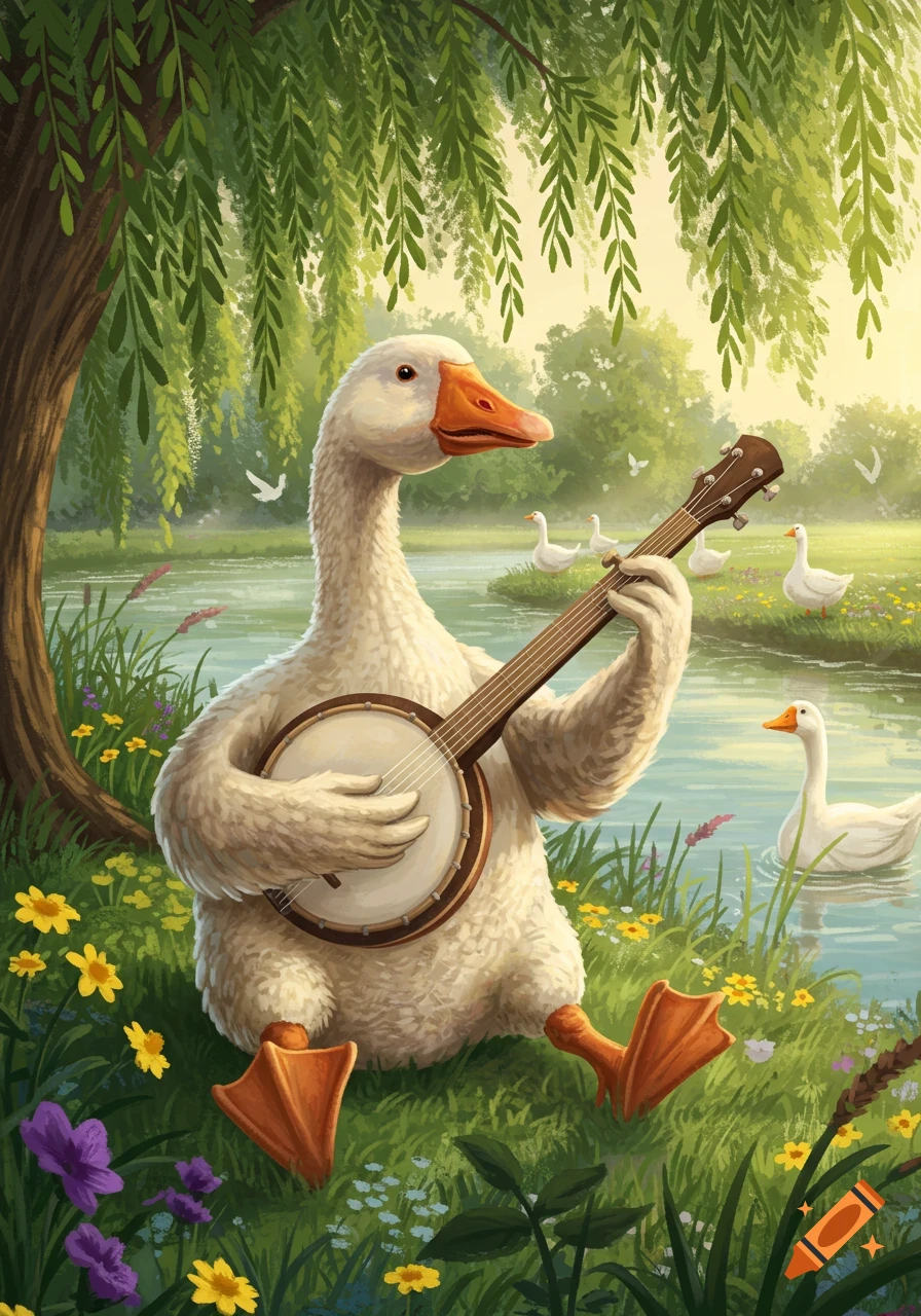 A whimsical illustration of a white goose sitting by a pond, playing a banjo under a willow tree.