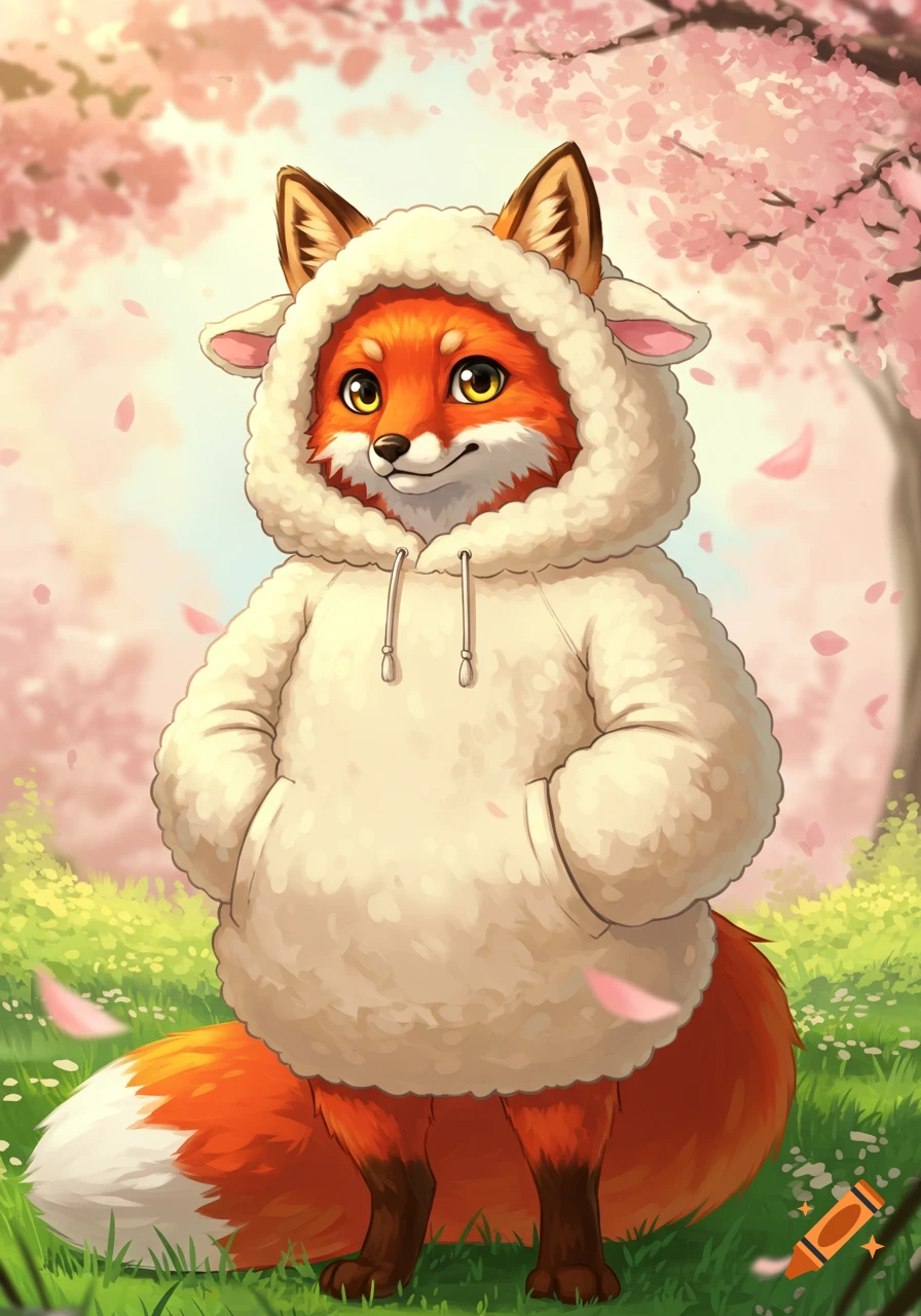 A cute anime-style fox wearing a white sheep hoodie stands in a field with cherry blossoms.