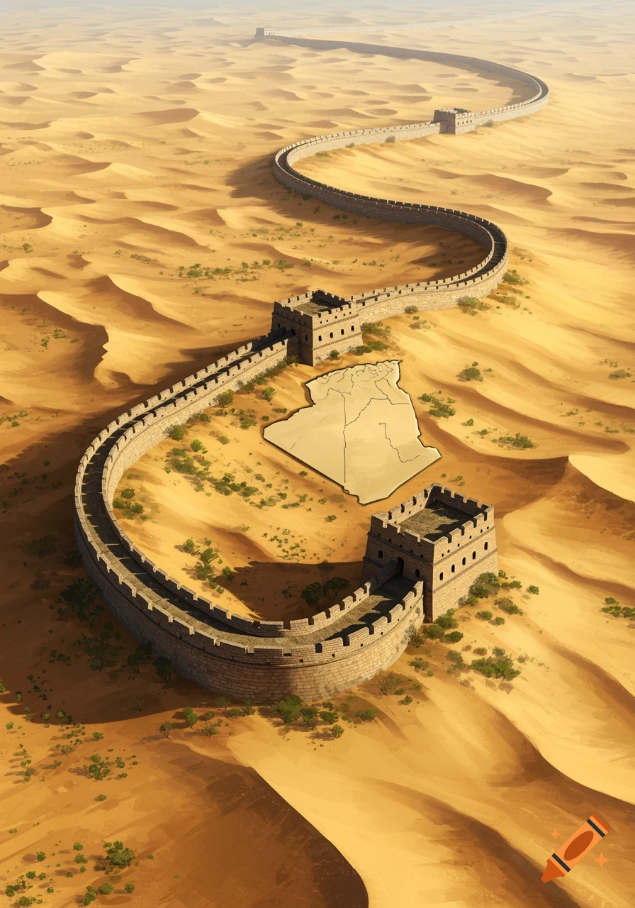 An aerial view of a long, winding stone wall resembling the Great Wall of China, stretching across a vast desert landscape, enclosing the outline of Algeria on the sand.