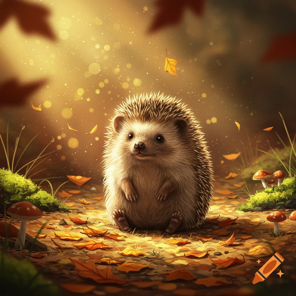 A cute hedgehog sits among fallen autumn leaves and tiny mushrooms on a forest floor, bathed in warm golden light.