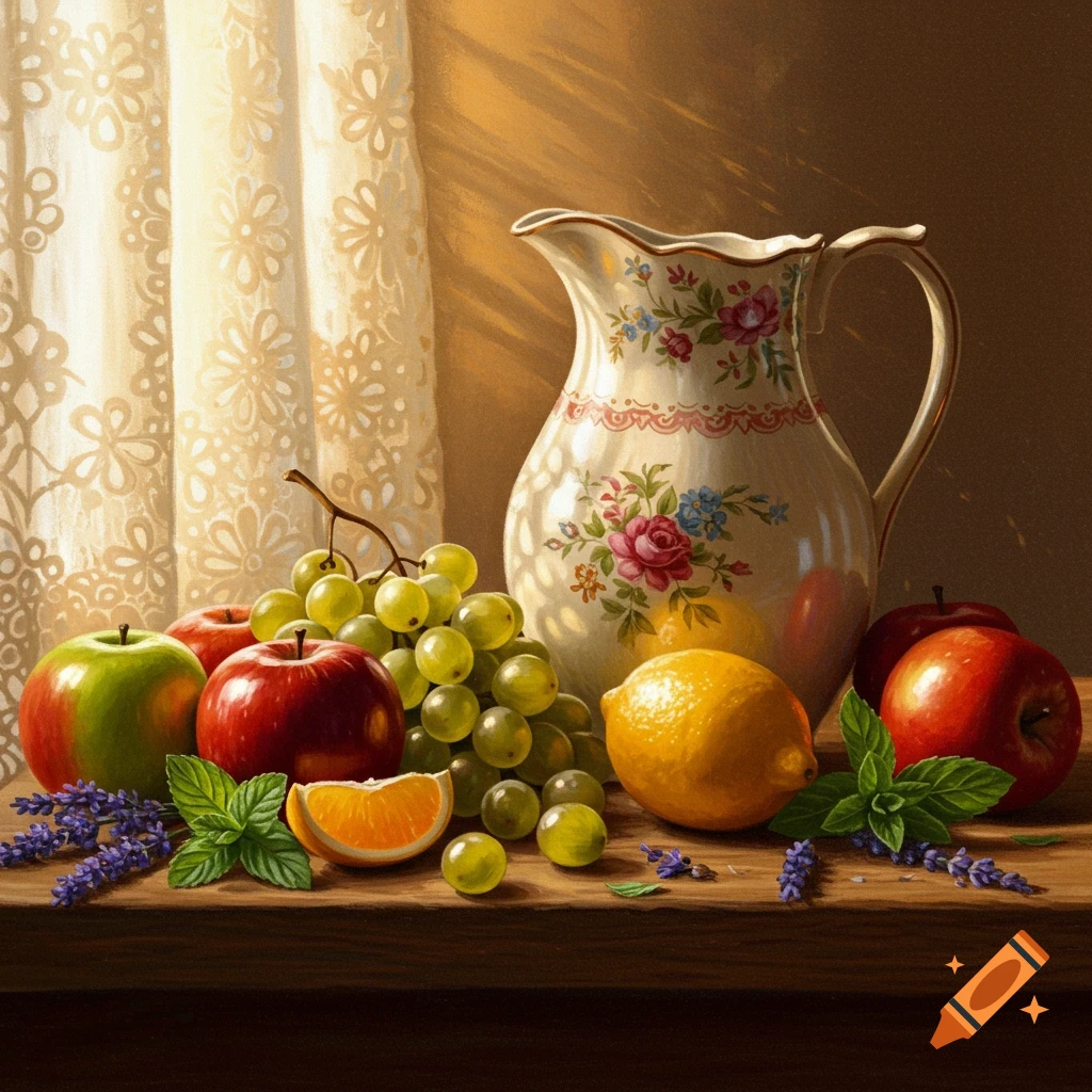 A still life painting of a white floral pitcher, grapes, apples, a lemon, and an orange slice on a wooden table.