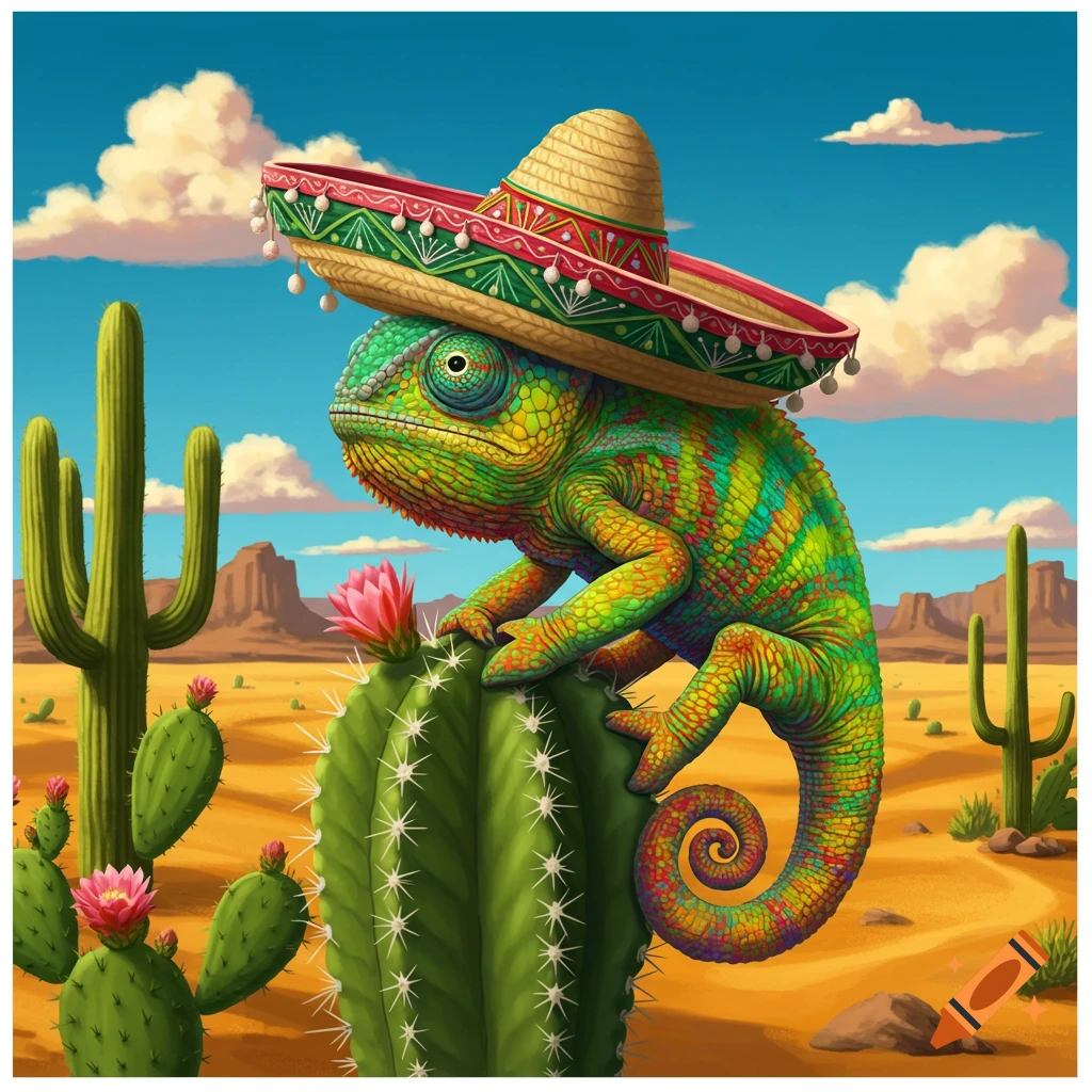 A colorful chameleon wearing a sombrero sits on a large cactus in a vibrant desert landscape under a blue sky.
