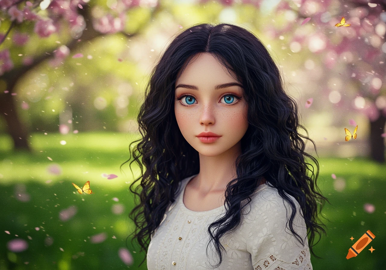A digital art portrait of a stylized young girl with large blue eyes and dark wavy hair, in a spring park with pink cherry blossoms and butterflies.