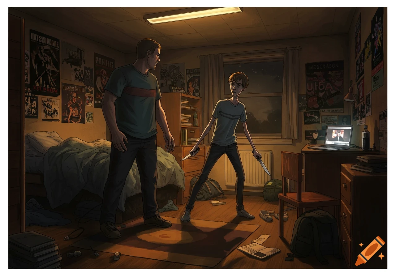 An illustrated scene in a dimly lit dorm room where a skinny young man with two knives confronts a larger man. Posters and a laptop are in the background.