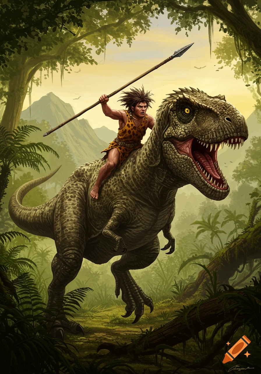 A muscular caveman with spiky hair holds a spear while riding a large Tyrannosaurus Rex through a lush, green jungle.