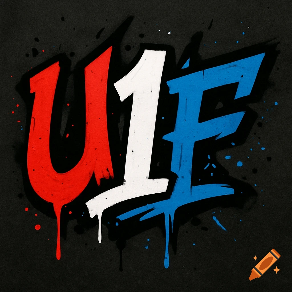 A red U, white 1, and blue F in dripping graffiti style on a dark background with paint splatters.
