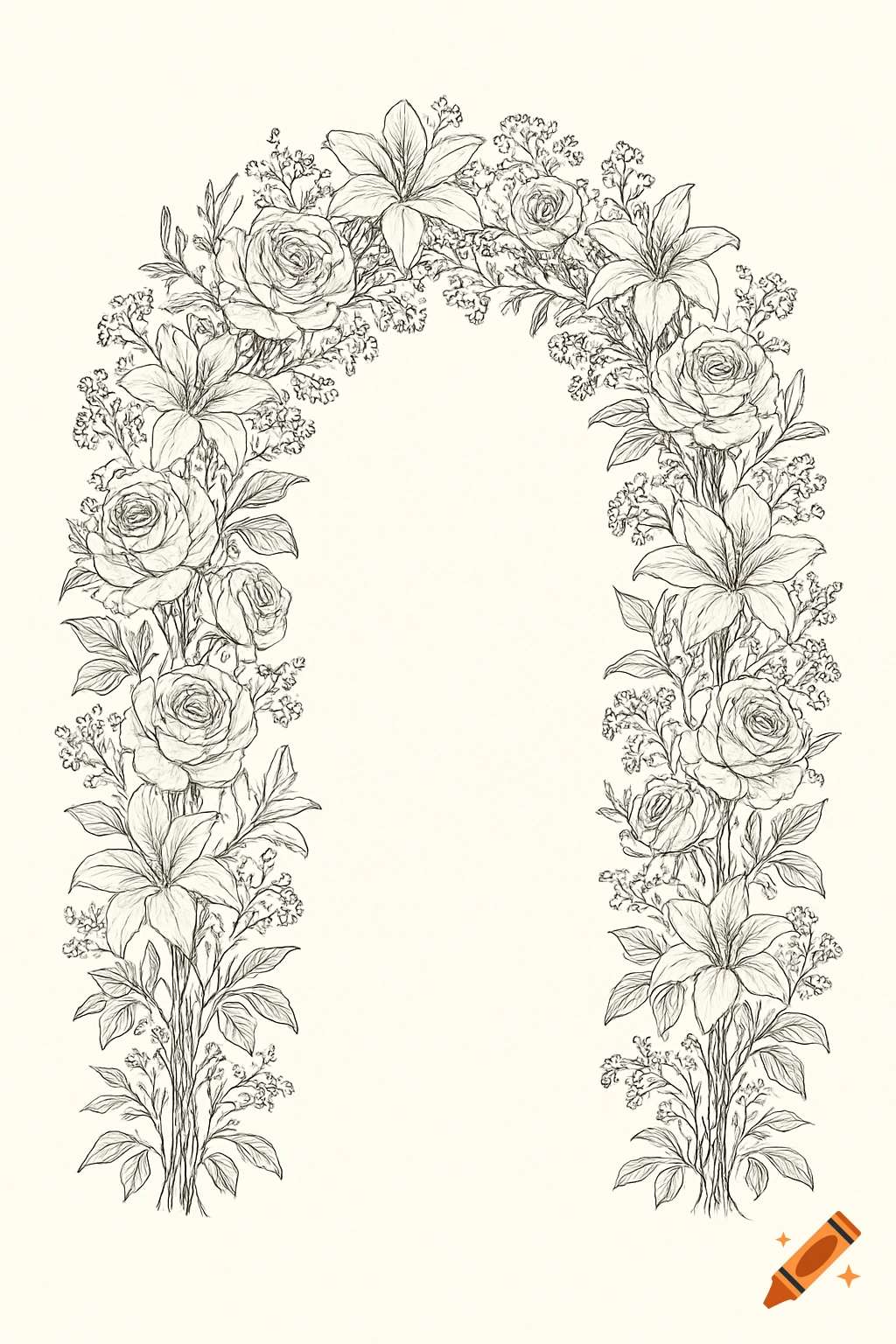 Line drawing of a floral arch made of roses and lilies on a light background.