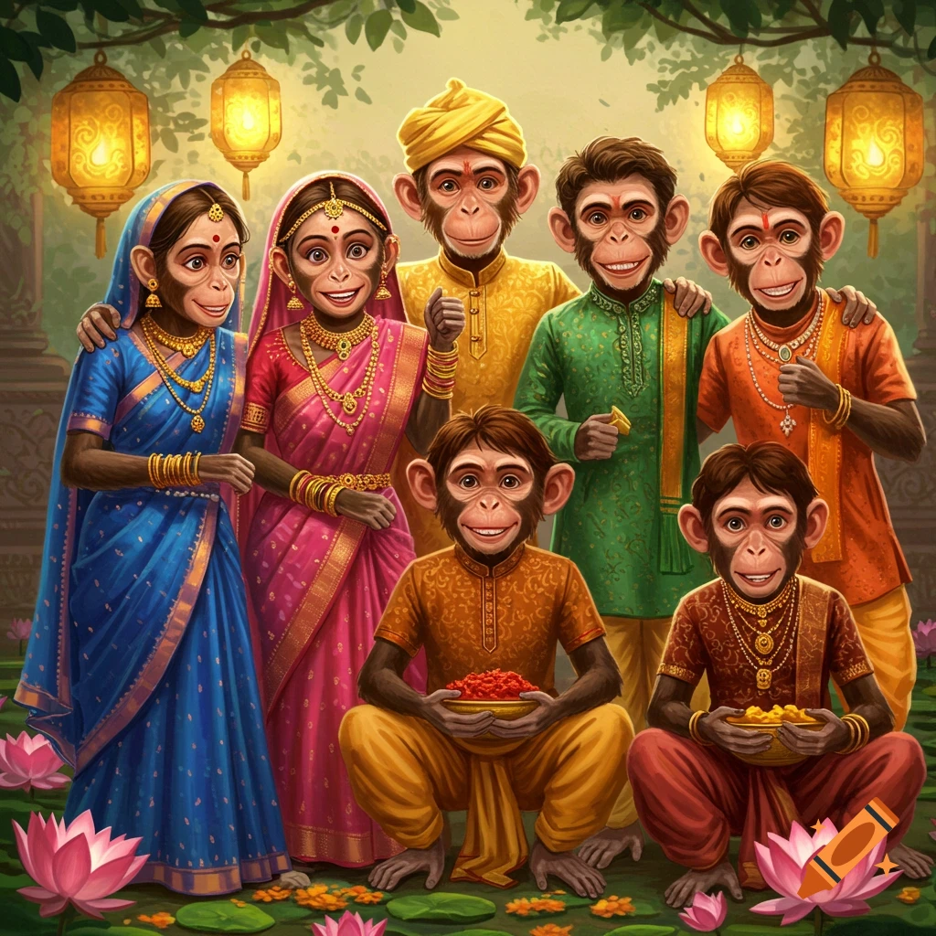 Six anthropomorphic monkeys dressed in colorful traditional Indian clothing, smiling amidst glowing lanterns and lotus flowers.