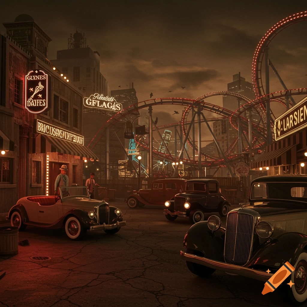 A moody, vintage-style amusement park at night with glowing neon signs, classic cars, and figures in fedoras under a dark sky.