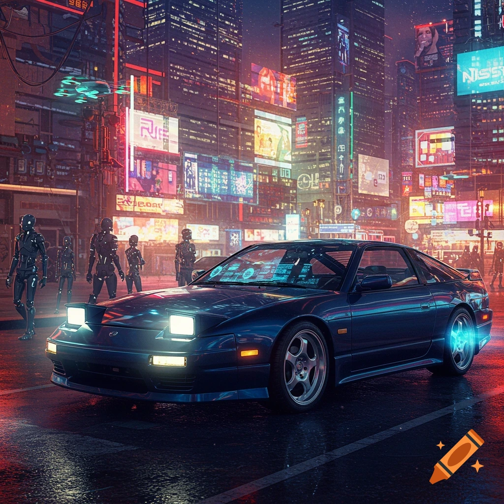 A futuristic blue sports car with glowing headlights parked on a wet street in a neon-lit cyberpunk city at night, with robots standing nearby.