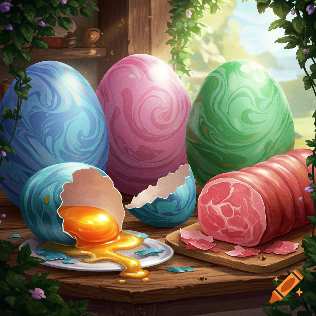 Four colorful Easter eggs, one broken with yolk spilling, and a large ham on a wooden table, surrounded by green foliage.
