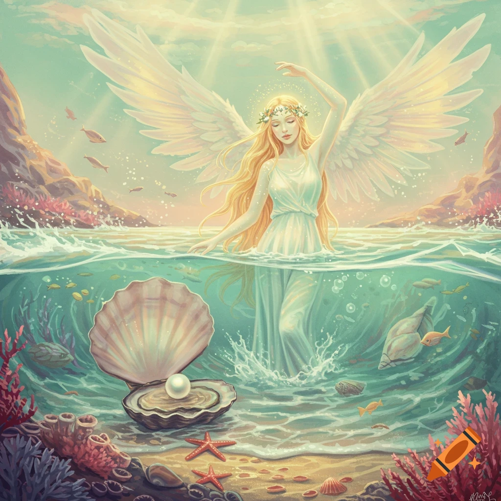 A radiant winged goddess emerges from sparkling ocean water, with an open oyster holding a pearl in the foreground and sun rays shining down.