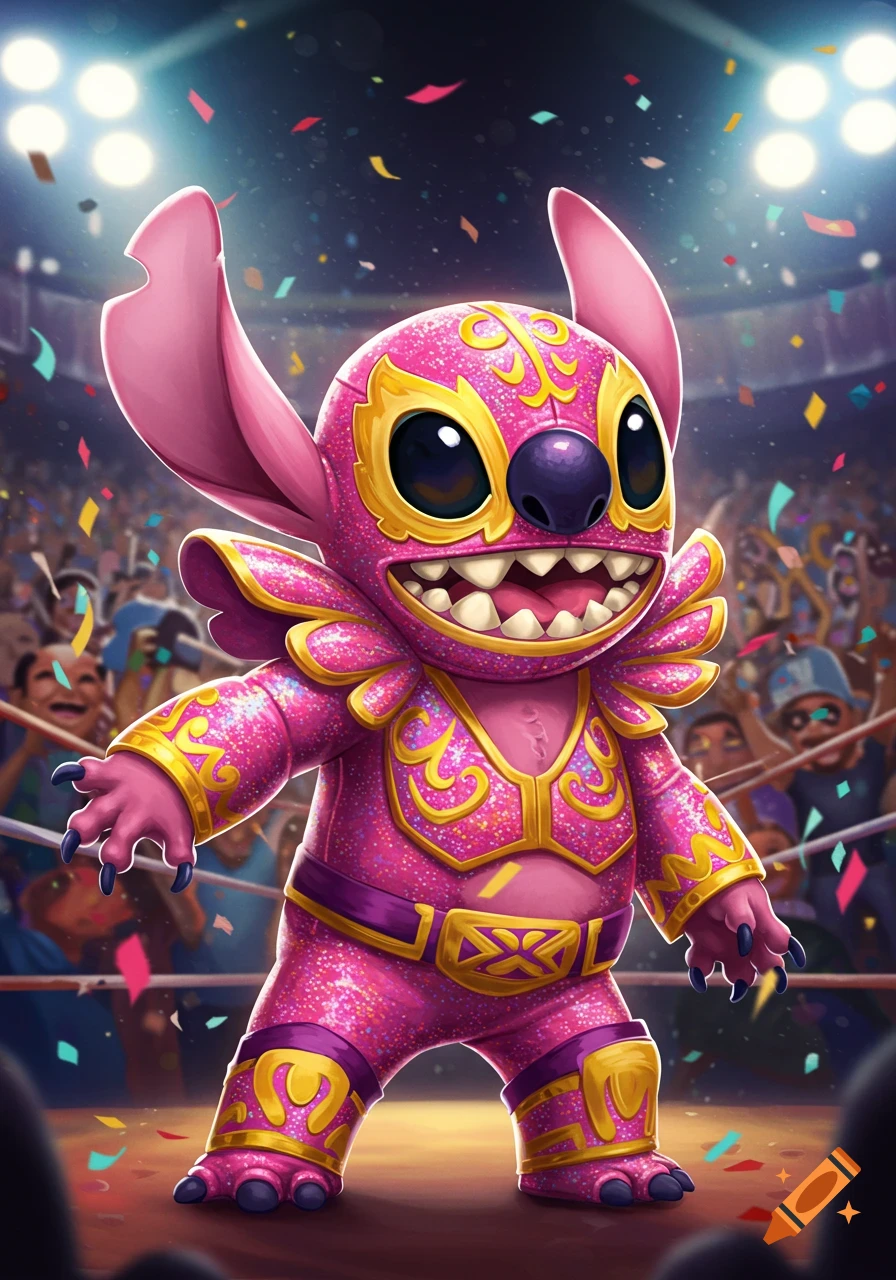 Pink Stitch in a sparkly pink and gold luchador costume, standing in a wrestling ring with confetti and a crowd.