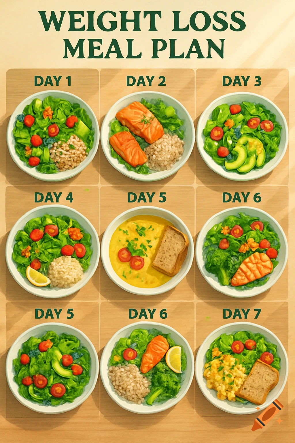 A colorful meal plan grid showing healthy food bowls for 7 days, with text 'WEIGHT LOSS MEAL PLAN'. The days are inconsistently labeled.