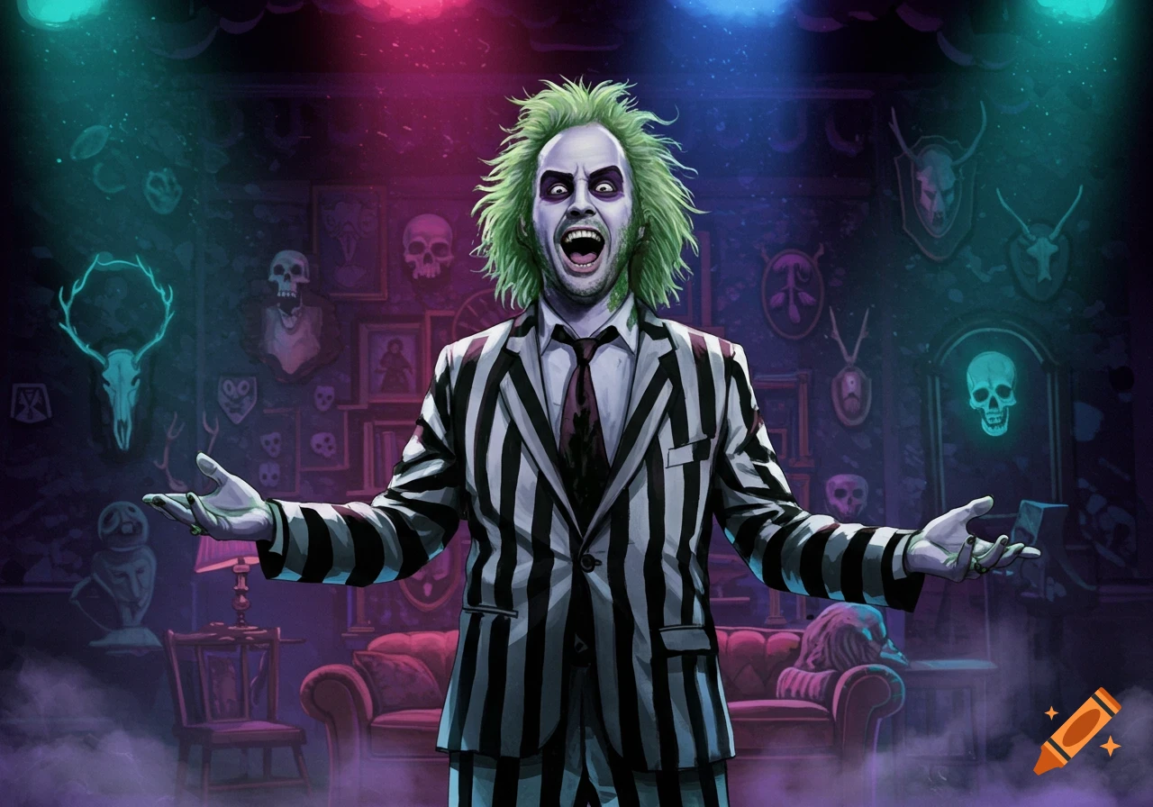 A vibrant illustration of Beetlejuice, with wild green hair and a striped suit, standing in a spooky, dark room with skulls and antlers.