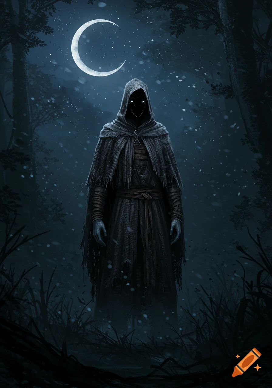 A dark cloaked figure with glowing eyes stands in a snowy, moonlit forest at night, digital art style.