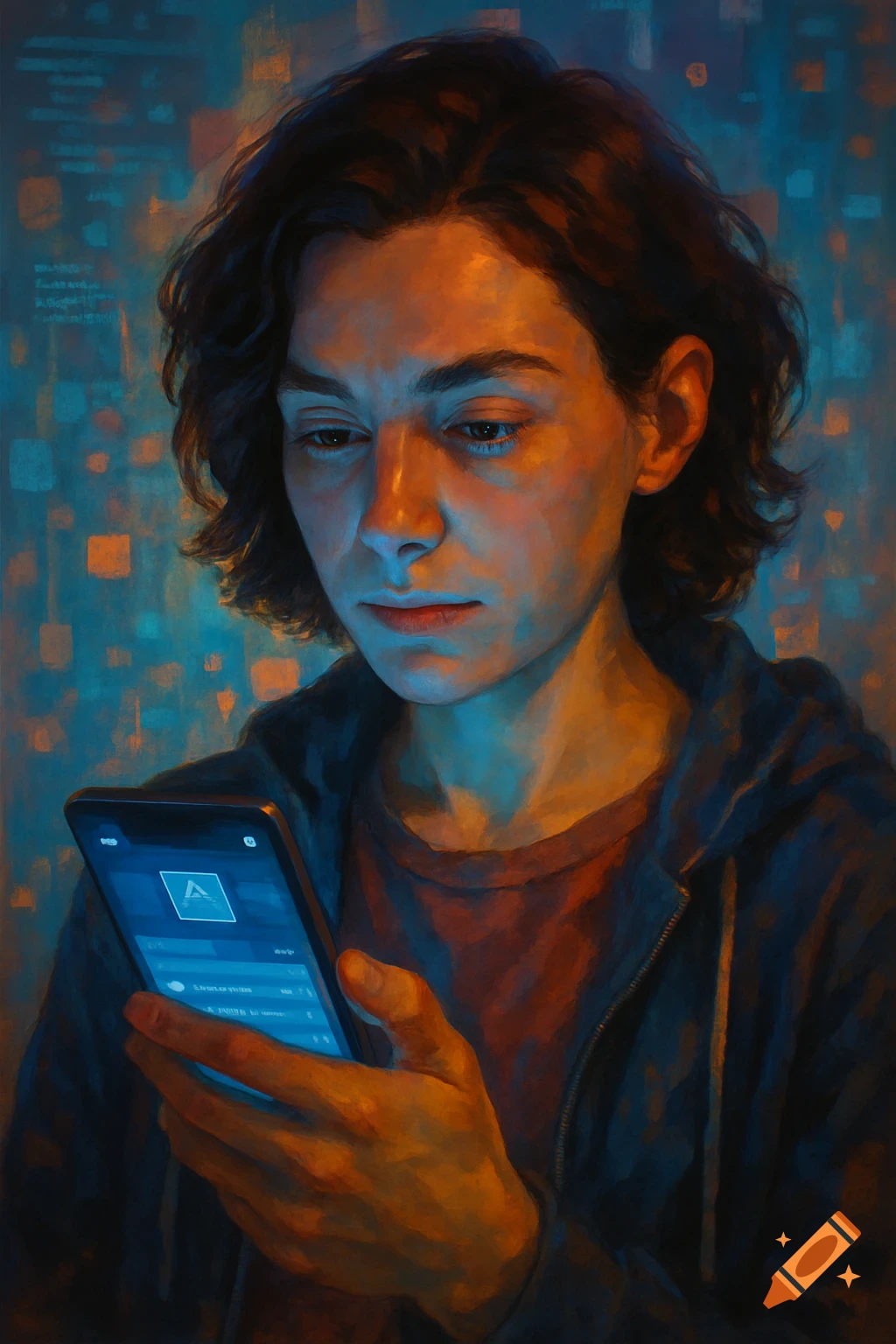 A painted portrait of a person with dark hair looking down at a glowing smartphone screen, against a blurry, data-like background.