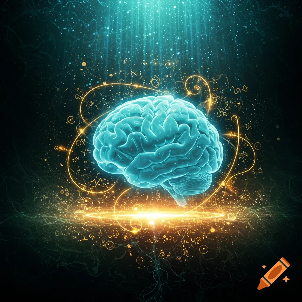 A glowing blue brain surrounded by golden energy, light rays, and abstract symbols against a dark background in a digital art style.