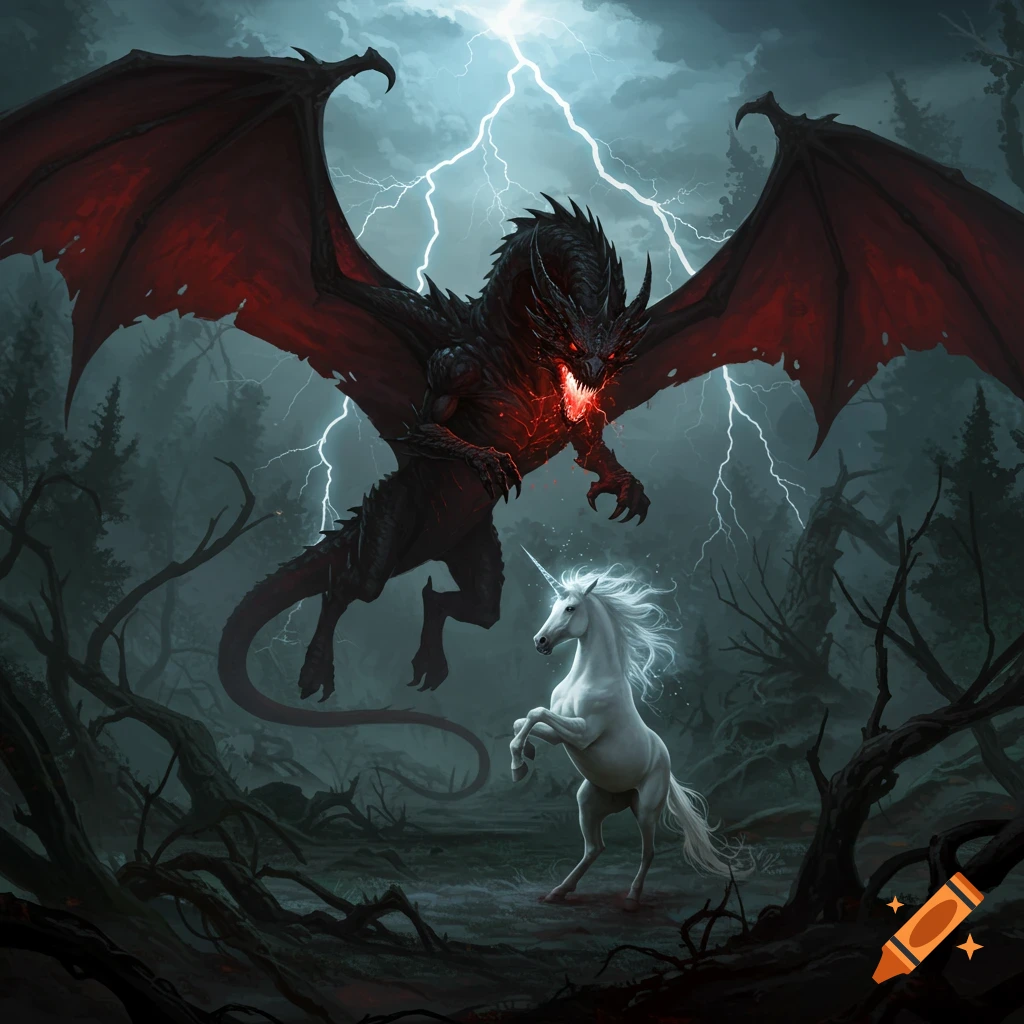 A fierce black dragon with red glowing eyes attacks a white unicorn in a dark forest with lightning in the stormy sky.
