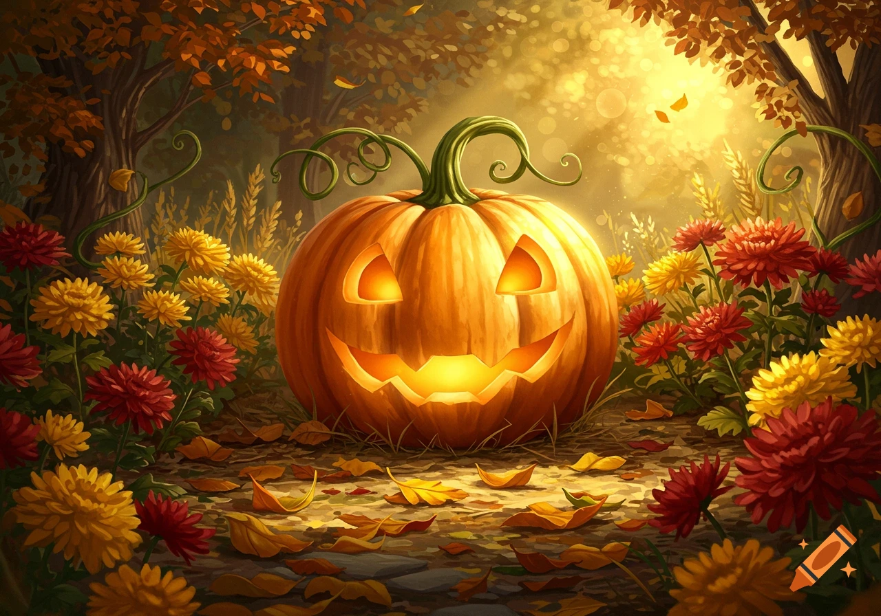 A glowing Jack-o'-lantern sits in an autumnal forest clearing, surrounded by red and yellow flowers and fallen leaves, with golden sunlight in the background.