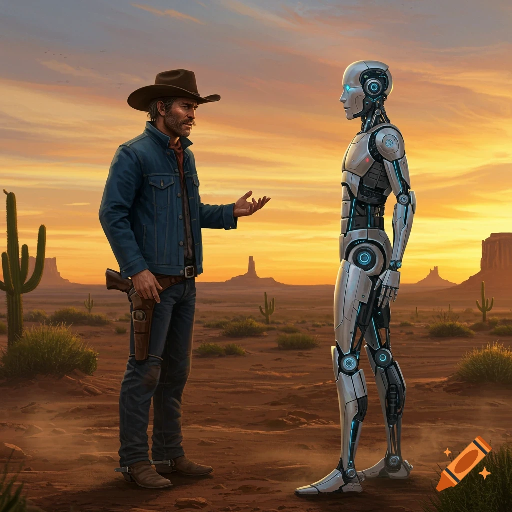 A cowboy talks to a robot in a vast desert landscape at sunset, with cacti and mountains in the background.