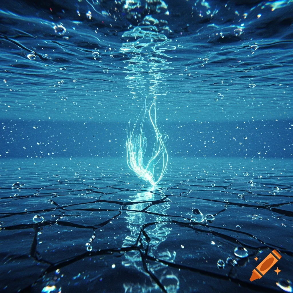 A glowing, ethereal, jellyfish-like light source underwater above a cracked surface, with bubbles and reflections.