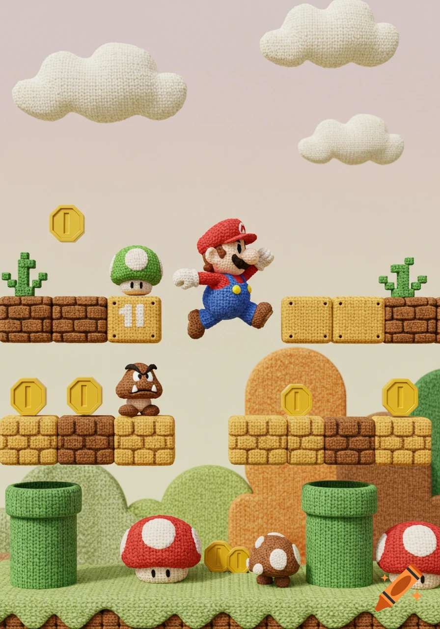 Mario character and classic Super Mario Bros. elements like Goomba, mushrooms, and blocks, all rendered in a knitted wool style.