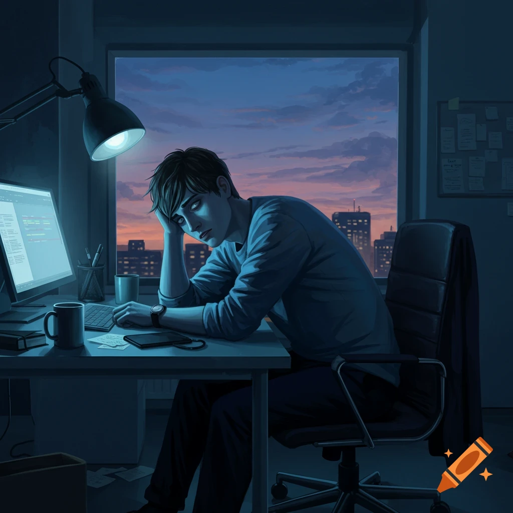 A tired man with his head in his hand sits at a computer desk at night, with a city skyline visible outside the window. Digital art.