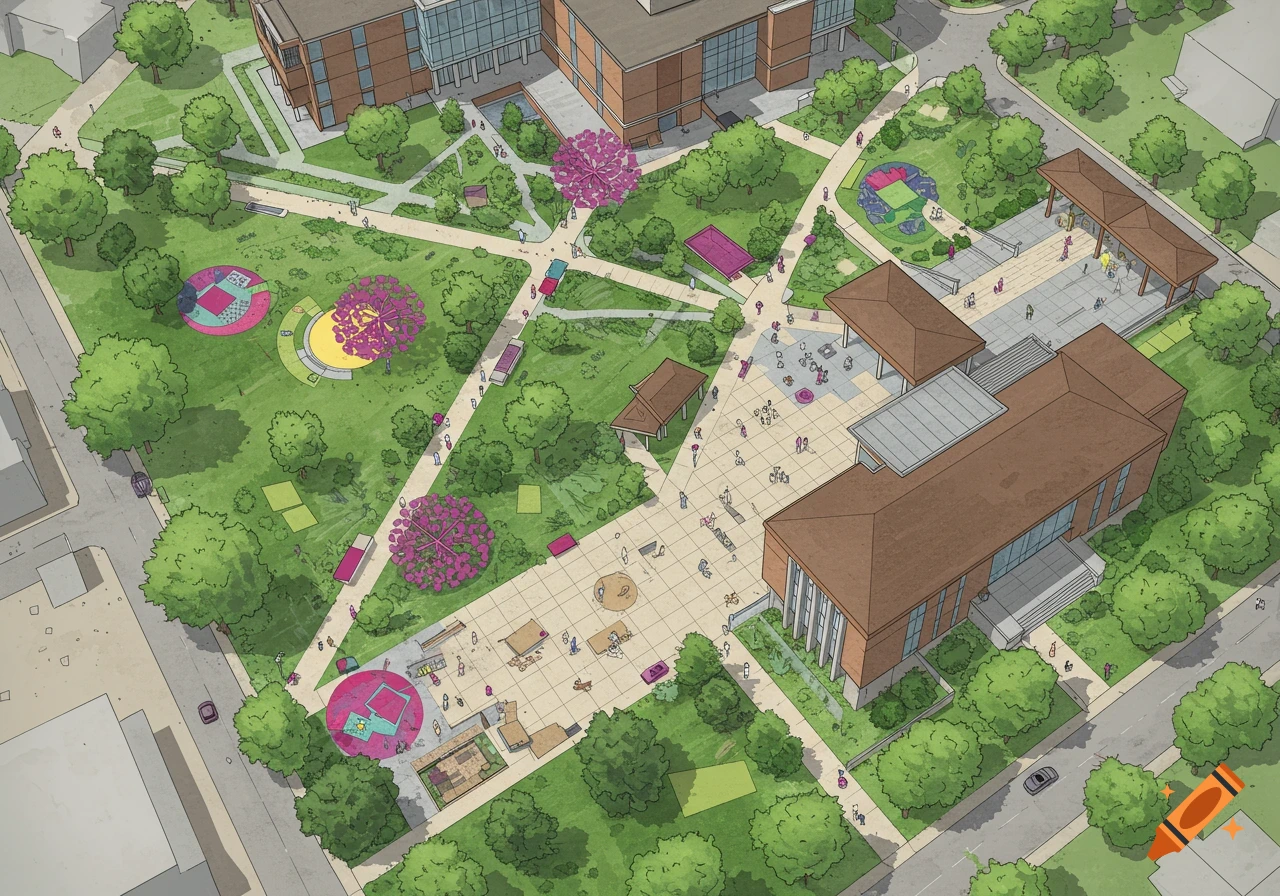 An aerial, conceptual illustration of a university plaza with buildings, green spaces, pathways, and colorful circular planters.