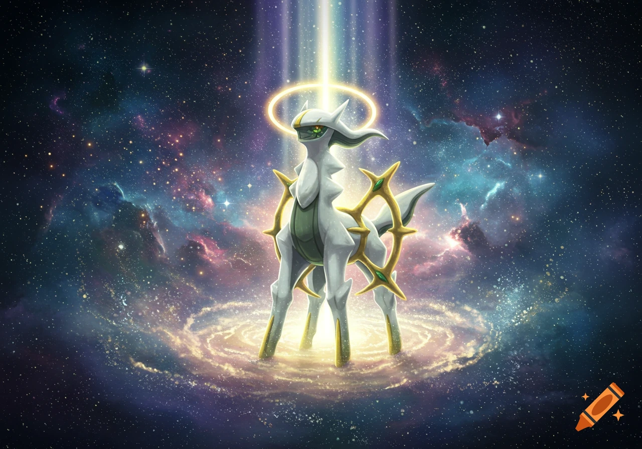 Arceus, a white and gold creature with a halo, stands in a vibrant cosmic galaxy with a beam of light shining down.