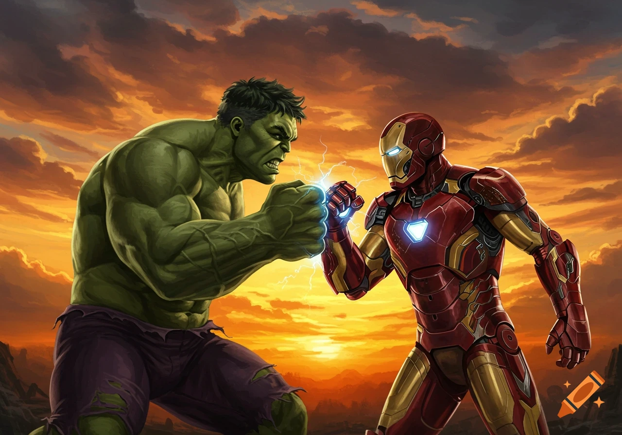 The Hulk and Iron Man clash fists, surrounded by a dramatic orange sunset sky.