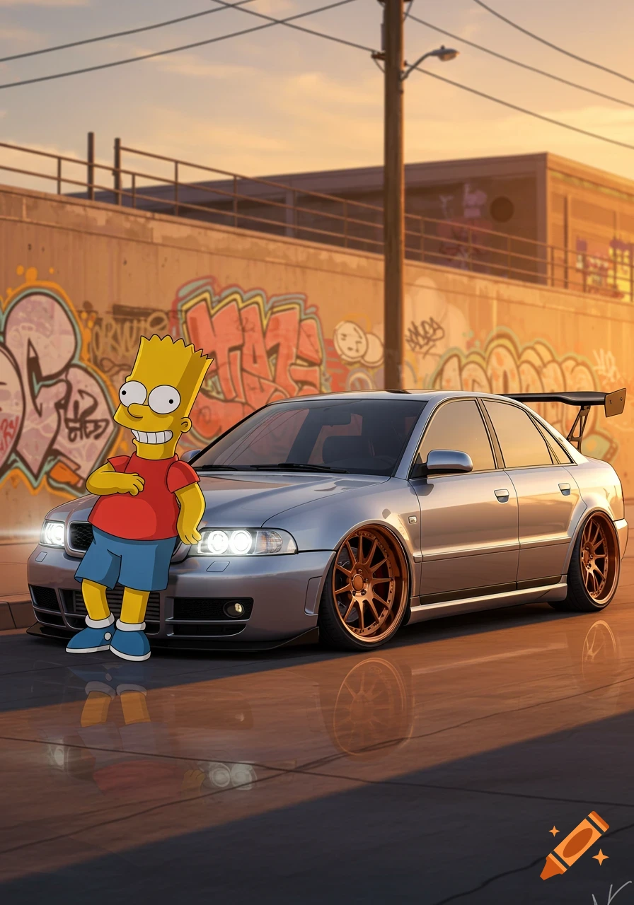 Cartoon Bart Simpson leans against a silver modified Audi A4 with bronze wheels in an urban setting with graffiti on the wall at sunset.