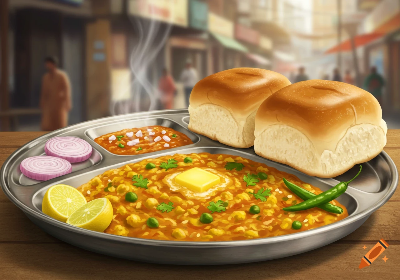 Vibrant illustration of Pav Bhaji with butter, served with pav bread, sliced onions, lemon, and chilies on a steel plate with a street background.