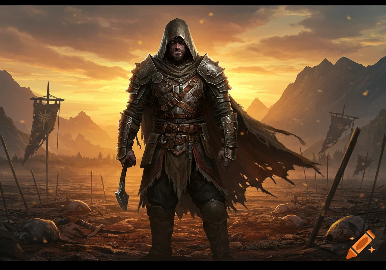 A hooded, armored warrior stands with an axe in a desolate battlefield at sunset.