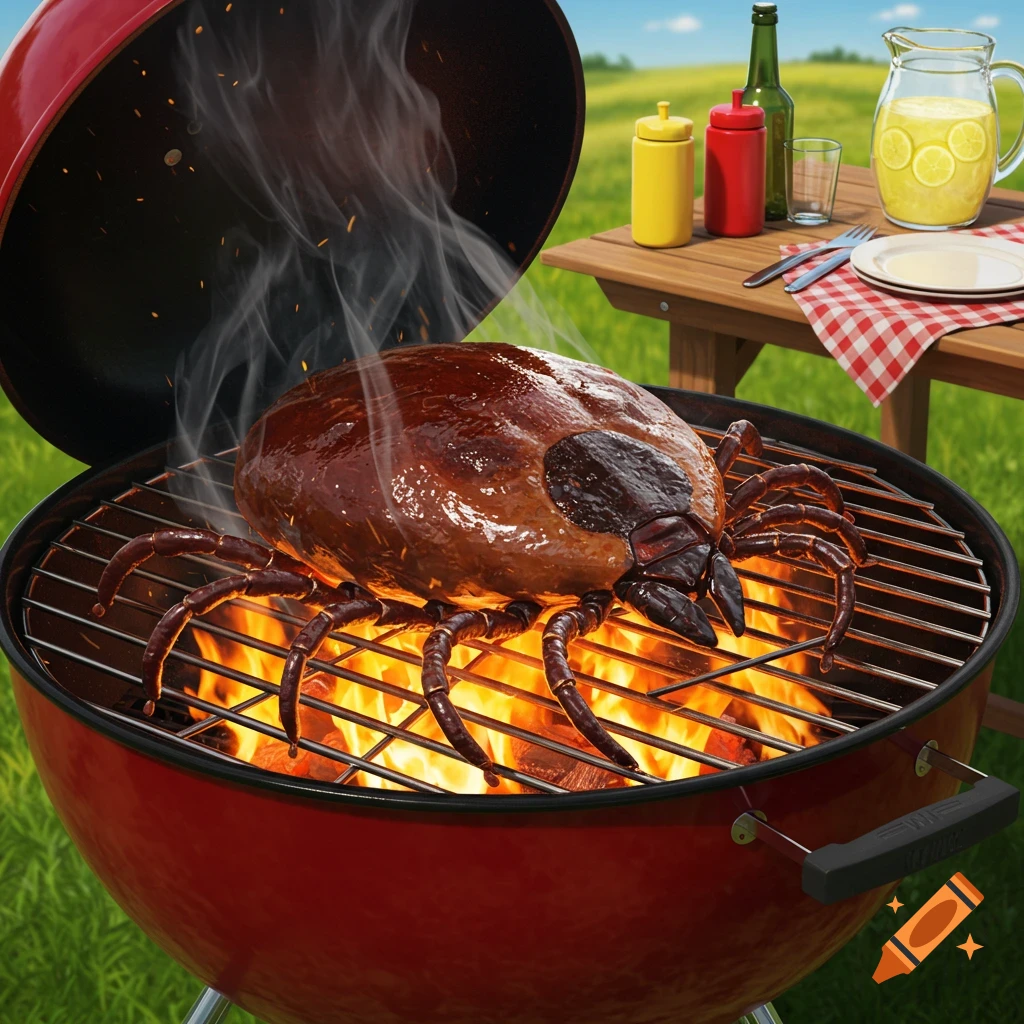A giant, roasted tick is cooking on a BBQ grill in an outdoor backyard setting with a picnic table.