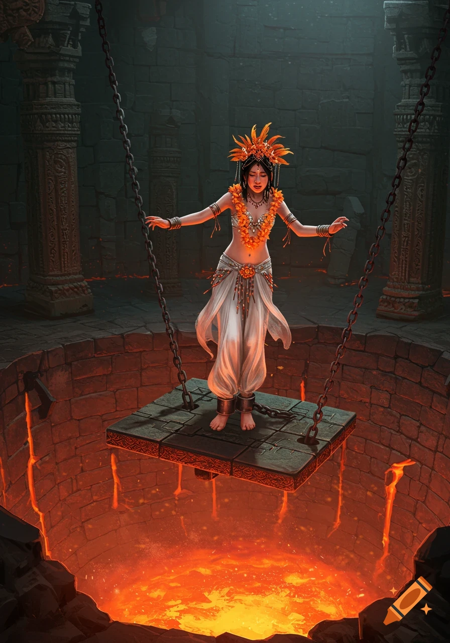 A terrified Chinese woman, in a belly dancer outfit and a feathered headdress, chained to a stone platform suspended over a lava pit in a dark temple.