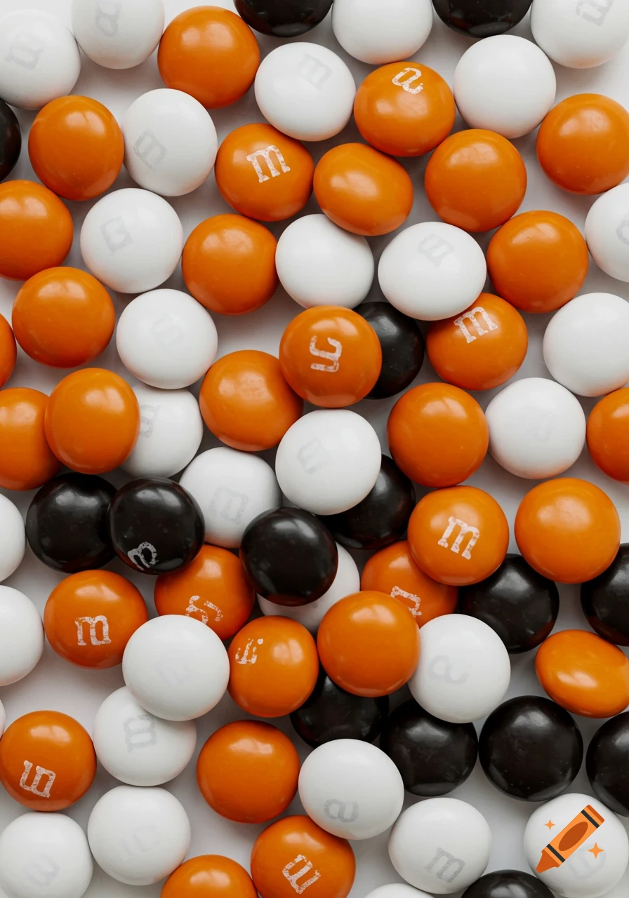 A close-up, top-down view of a pile of white, orange, and black candies, resembling M&Ms, on a white background.