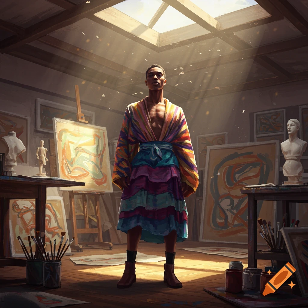 A person in a colorful robe stands in a sunlit art studio surrounded by paintings and art supplies.