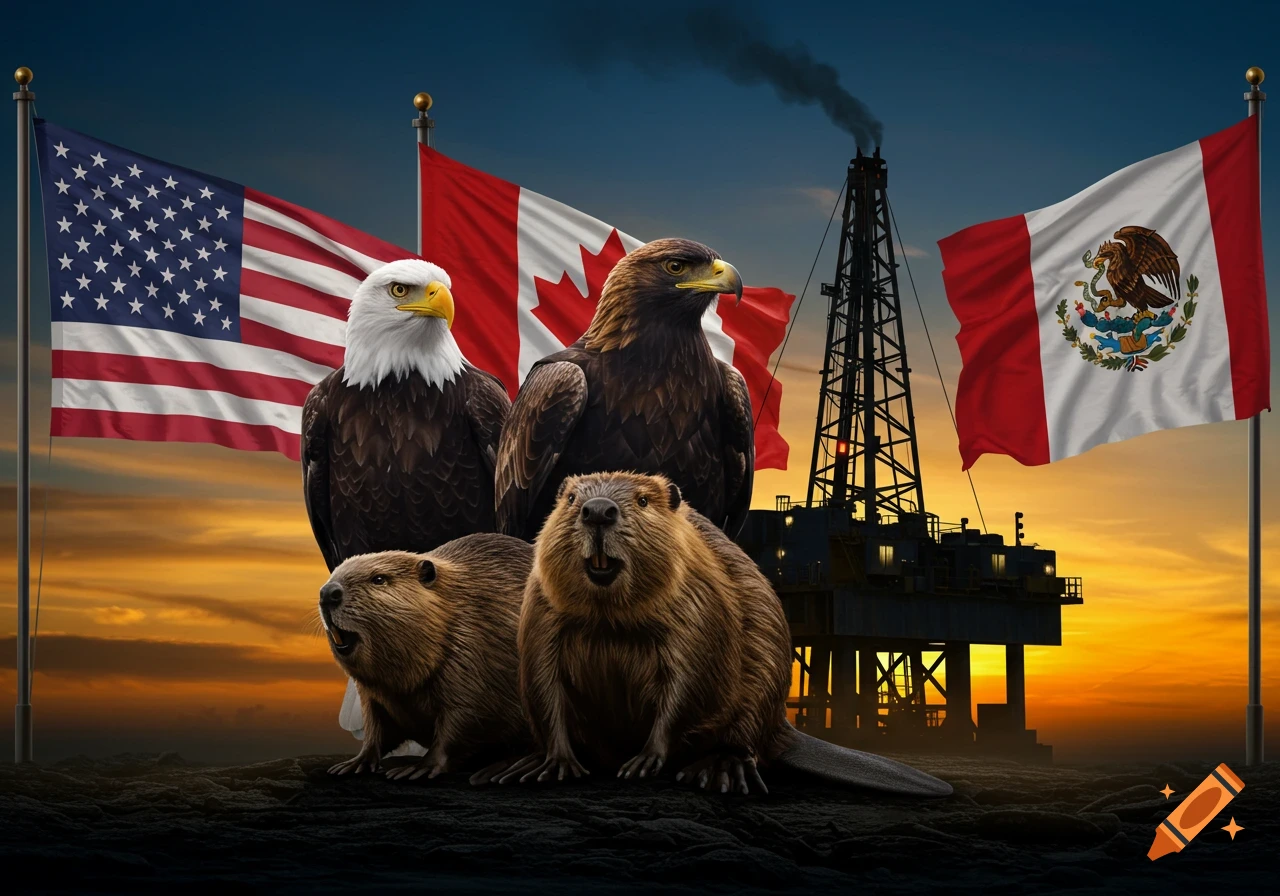 Photorealistic scene with US, Canadian, Mexican flags, a bald eagle, golden eagle, two beavers, and an oil rig at sunset.