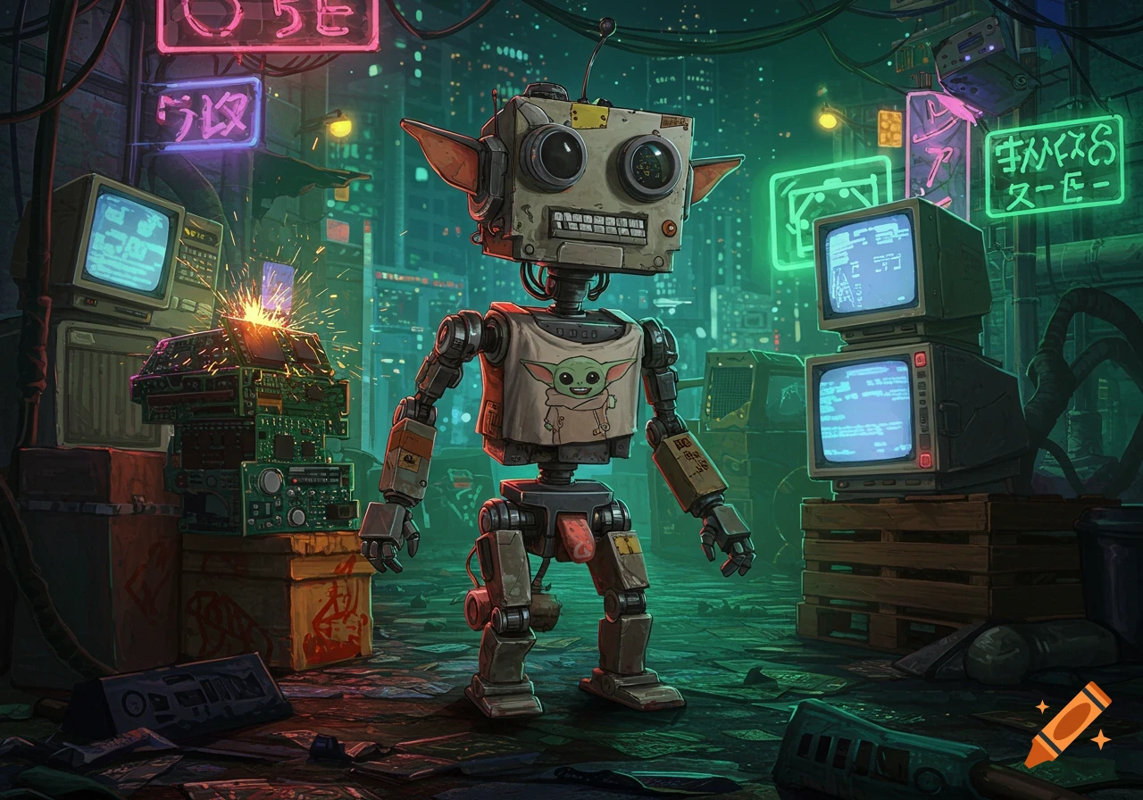 A stylized robot wearing a Grogu t-shirt stands in a dark, neon-lit cyberpunk alley filled with old electronics and glowing screens.