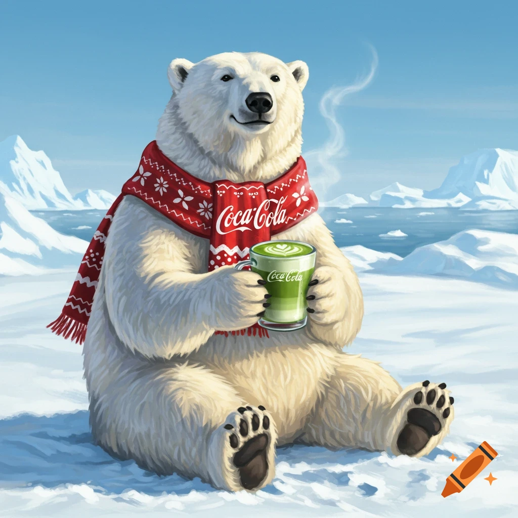A smiling polar bear wearing a red Coca-Cola scarf sits in a snowy landscape, holding a steaming green matcha latte.