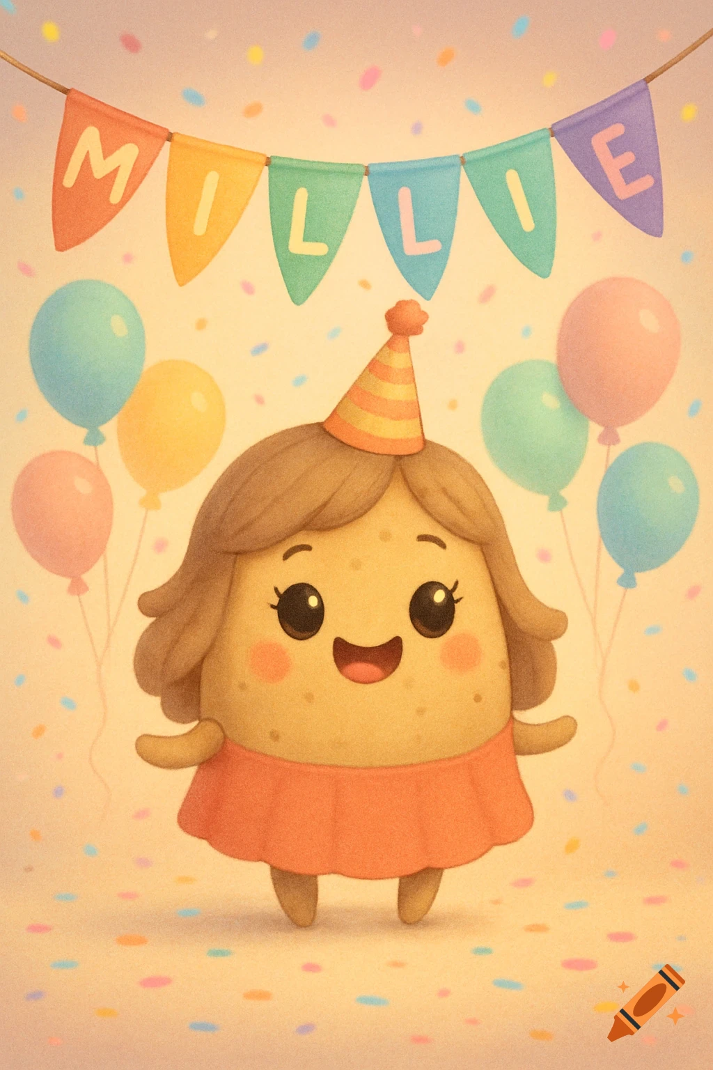 A cute cartoon potato character with a party hat and a smile, surrounded by balloons and confetti, standing beneath colorful bunting spelling "MILLIE".