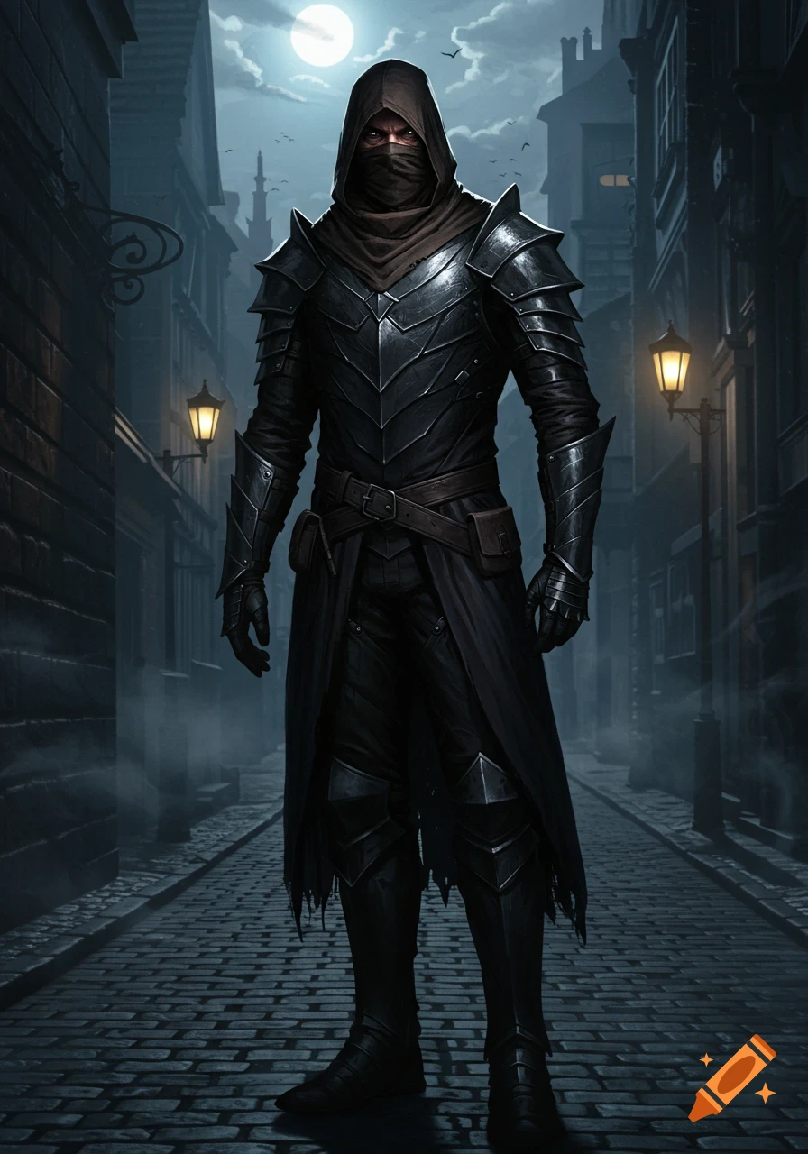 A tall, hooded figure in dark armor stands on a cobblestone street in a moonlit, gaslit alley.
