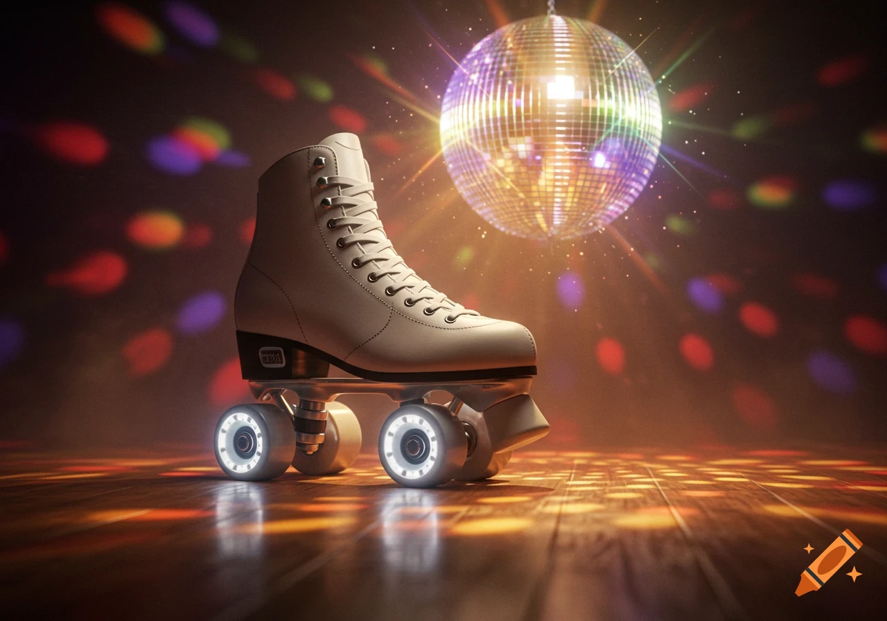 A realistic roller skate with glowing wheels stands on a wooden floor, illuminated by a sparkling disco ball and colorful lights in the background.
