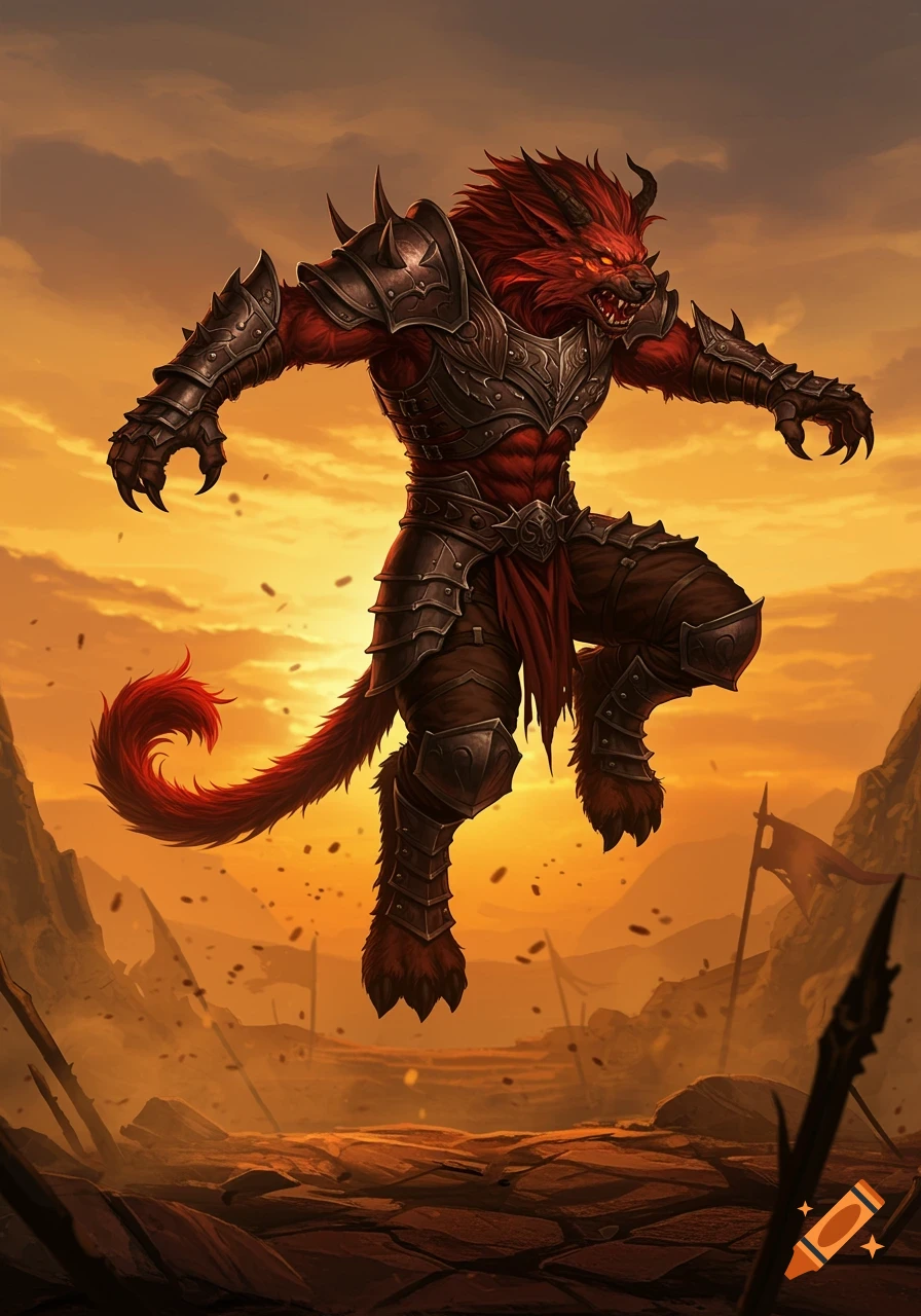 A red, armored beast-like charr creature with horns and claws leaps over a desolate, war-torn landscape at sunset, in a high-fantasy illustration style.