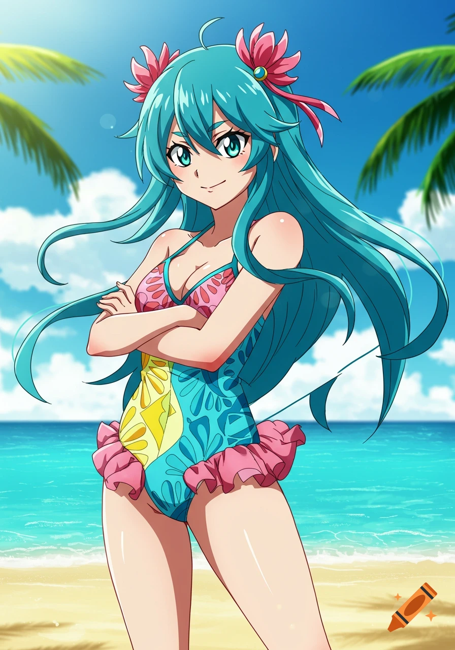 Anime girl with blue hair in a colorful swimsuit on a beach with palm trees and ocean, smiling with arms crossed.
