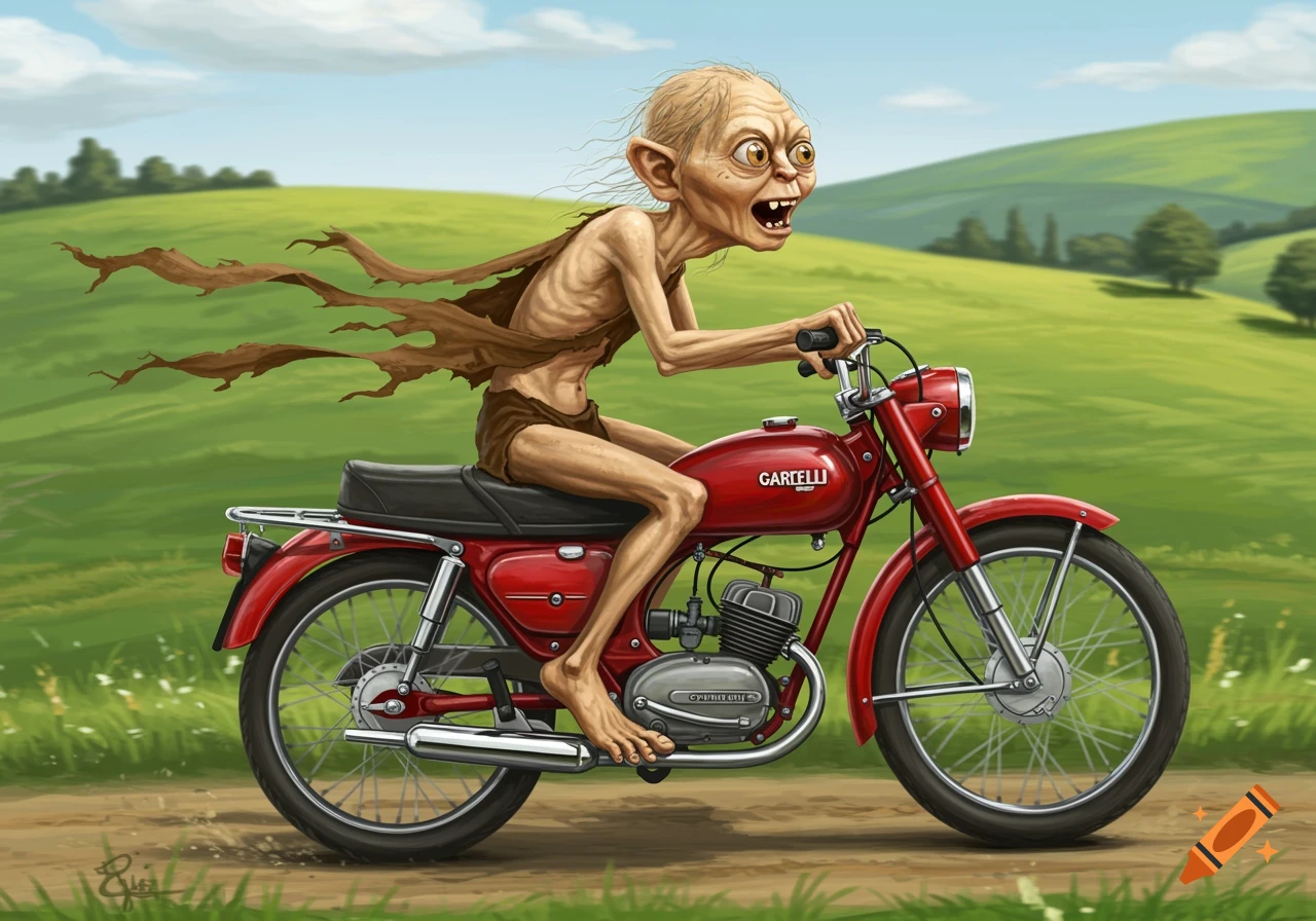 Gollum rides a red Garelli moped across a bright green grassy landscape under a blue sky.